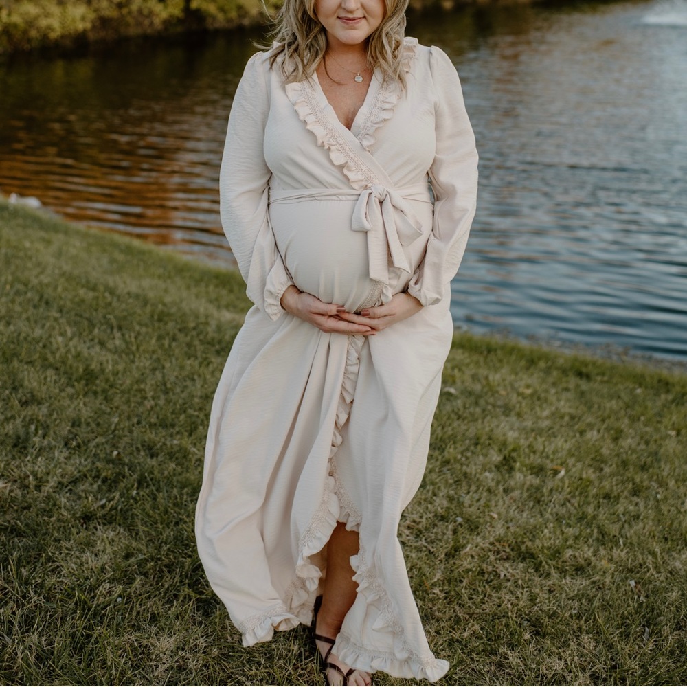 Nude Long Sleeve Boho Ruffle Wrap Maternity Maxi Dress